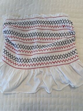 No Boundaries White Smocked Strapless Crop Top with Red and Black Stitching